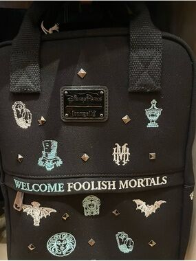 Disney Parks Haunted Mansion Loungefly Black 'Welcome Foolish Mortals' Backpack